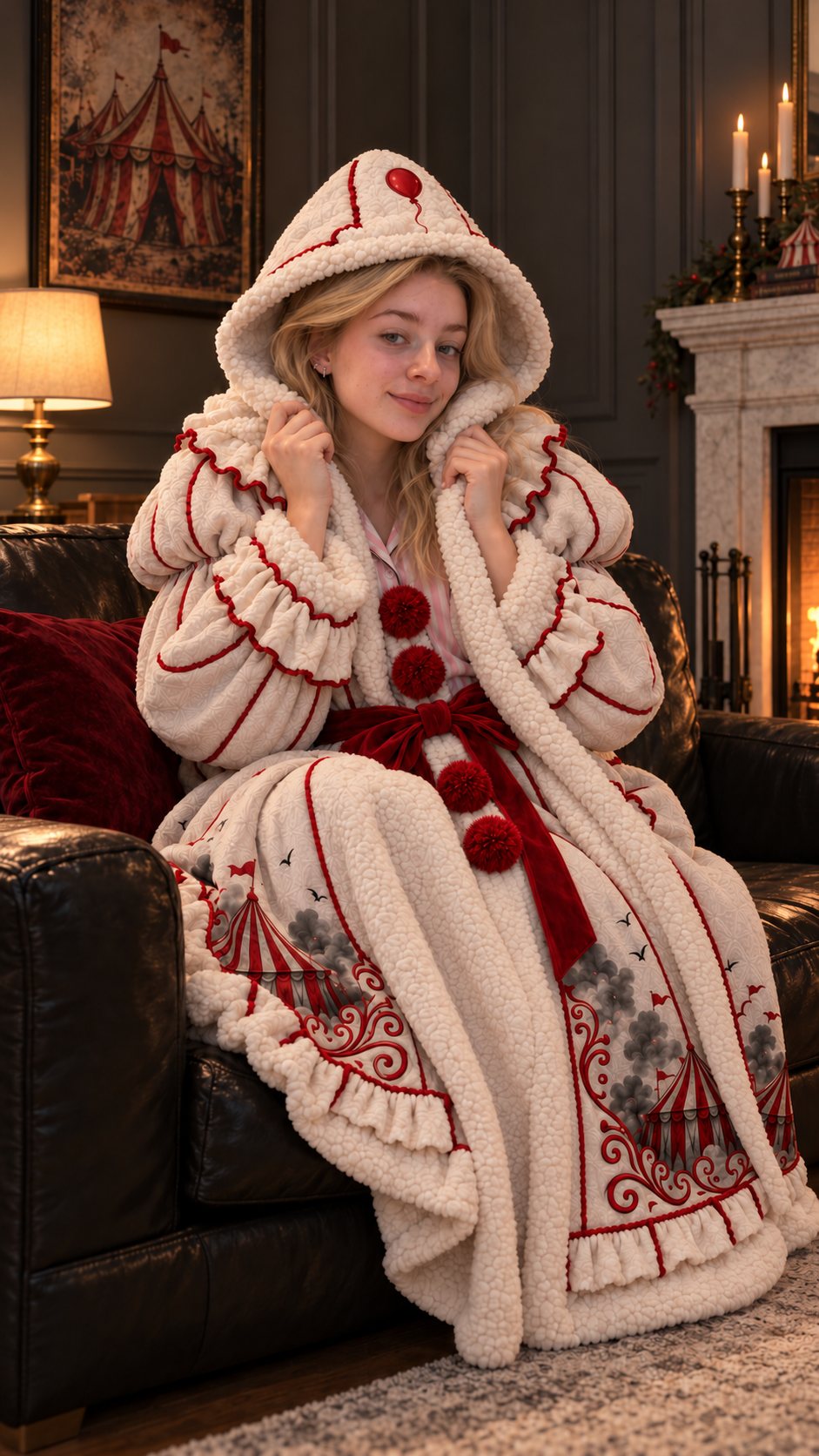 Woman snuggled on a sofa in the Midnight Carnival heated robe