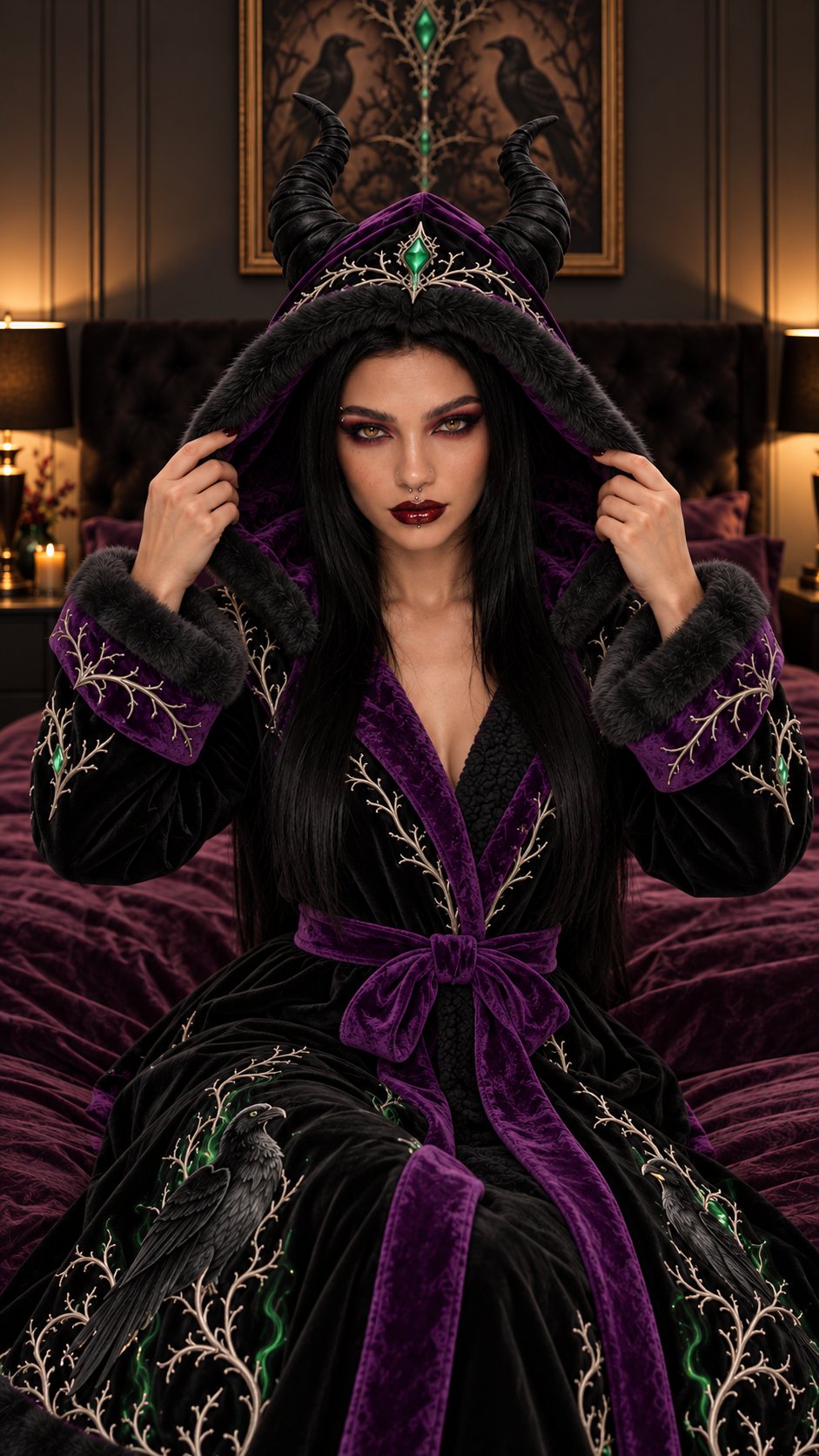 Woman wearing the Thorn Queen heated robe with the horned hood up